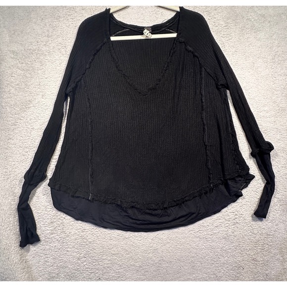We The Free People Black Waffle Knit Long Sleeve Top Thumb Holes Size P/S - Picture 1 of 7